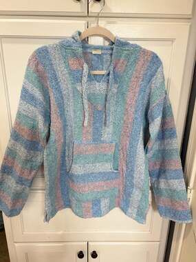 Vintage Artesanias F.R. Mexico Baja Hoodie Pullover Blue Pink Stripe Surf-M